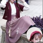 Set: Short-sleeve Jacket + Long-sleeve Top + Midi Skirt + Beret