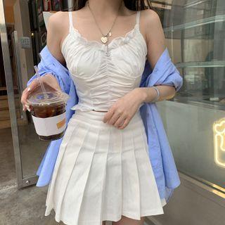 Ruffle Trim Shirred Cropped Camisole Top White - One Size