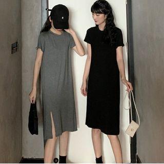 Short-sleeve Slit-hem Shift Dress
