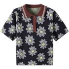 Contrast Collar Floral Knit Polo Shirt Black - One Size