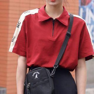 Half-zip Lettering Panel Short-sleeve Top