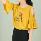 Cold Shoulder Embroidered Elbow-sleeve T-shirt