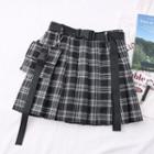 Plaid Pleated Mini Skirt With Belt & Mini Pouch
