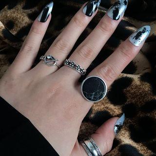 Set Of 4: Marble Disc / Alloy Open Ring (assorted Designs) Set - As Shown In Figure - One Size