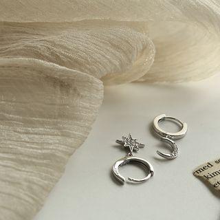 Non-matching Alloy Moon & Star Dangle Earring Silver - One Size