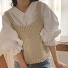 Puff Sleeve Lace Collar Blouse / Square Neck Reversible Lace-up Knit Vest