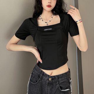Short-sleeve Square Neck Crop Top Black - One Size