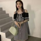 Cold-shoulder Striped / Plaid Button-up Mini A-line Dress