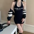 Halter Lettering Mini Sheath Dress / Long-sleeve Crop Top