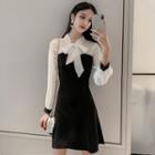 Long-sleeve Mesh Tie-neck A-line Mini Dress