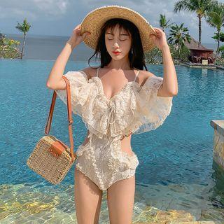 Cold Shoulder Cutout Ruffled Lace Swimsuit