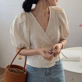 Puff-sleeve V-neck Blouse Off-white - One Size