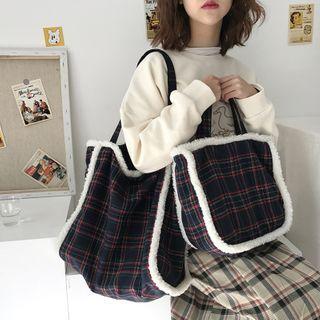 Furry Trim Plaid Handbag / Crossbody Bag