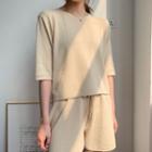 Set: Plain Elbow-sleeve Knit Top + Drawstring Shorts