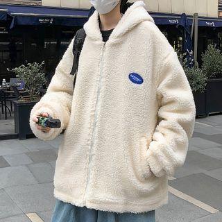 Hooded Faux Shearling Applique Zip Jacket