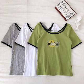 Lettering Print Color-block Trim Slim-fit Short-sleeve Top