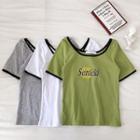 Lettering Print Color-block Trim Slim-fit Short-sleeve Top
