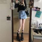 Set: Asymmetrical Tank Top + Open-front Light Cardigan / Lace-up Denim Skirt