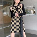 Mock Two-piece Cold-shoulder Checker Print A-line Dress