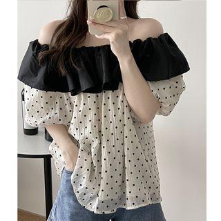 Short-sleeve Off-shoulder Dotted Blouse Black - One Size