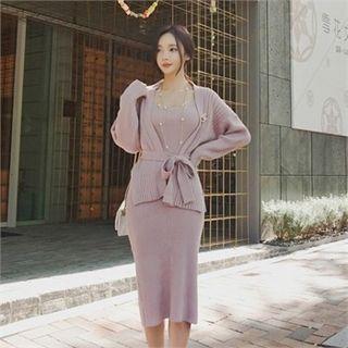 Set: Cardigan With Sash + Sleeveless Square-neck Knit Long Dress