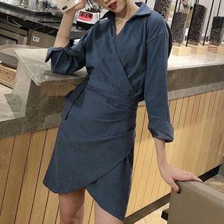 Long-sleeve Sashed Mini Dress Blue - One Size