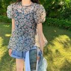 Set: Puff-sleeve Floral Print Sheer Top + Camisole