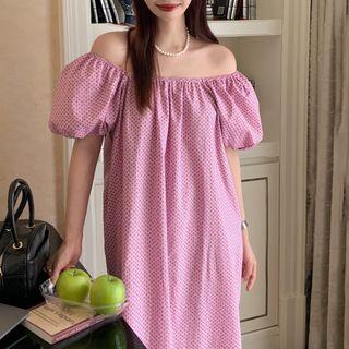 Off-shoulder Floral Midi Smock Dress Pink - One Size