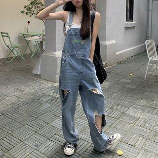 Letter Embroidered Distressed Denim Jumper Pants