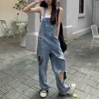 Letter Embroidered Distressed Denim Jumper Pants
