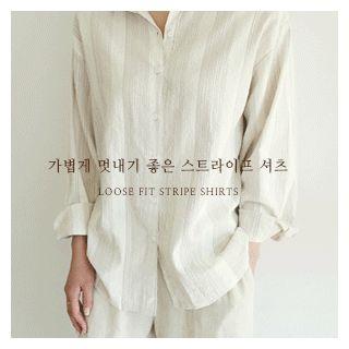 Long-sleeve Stripe Shirt Beige - One Size