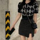 Polo Short-sleeve Color Block Argyle Knit Top / High-waist Side-slit Denim Skirt