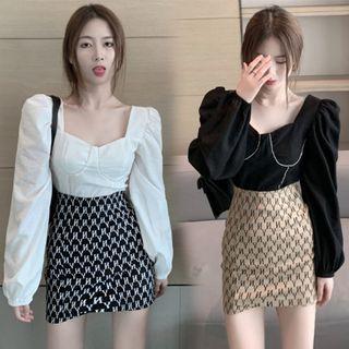 Puff-sleeve Blouse / Pattern A-line Mini Skirt