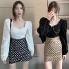 Puff-sleeve Blouse / Pattern A-line Mini Skirt