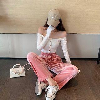 Off-shoulder Long-sleeve Crop Top / High-waist Wide-leg Pants
