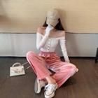 Off-shoulder Long-sleeve Crop Top / High-waist Wide-leg Pants