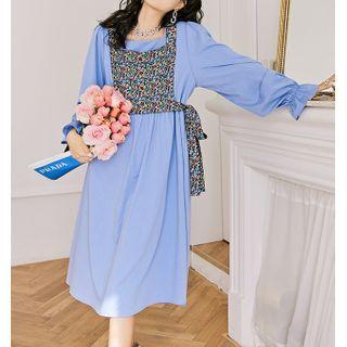 Long-sleeve Plain Midi Dress / Floral Vest