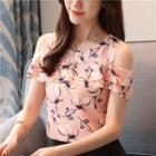 Flower Print Cold Shoulder Short-sleeve Top