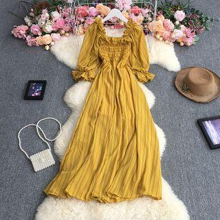 Long-sleeve Frill Trim Striped Midi A-line Dress