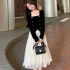 Long-sleeve Square Neck Velvet Panel Mesh Midi A-line Dress