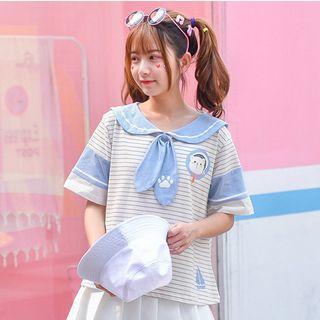 Sailor Collared Striped Short-sleeve T-shirt
