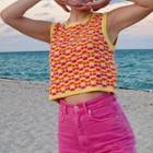 Sleeveless Print Knit Top Yellow & Pink & Tangerine - One Size