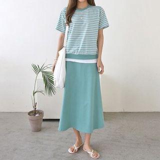 Set: Layered-hem Stripe Top + Band-waist Skirt