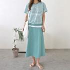 Set: Layered-hem Stripe Top + Band-waist Skirt