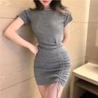 Short-sleeve Round-neck Plain Drawstring Slim-fit Dress Gray - One Size