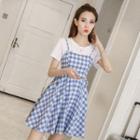 Set: Short-sleeve T-shirt + Gingham A-line Dress