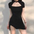 Cut-out Short-sleeve Slit Mini Sheath Dress