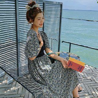 Mock Two-piece Puff-sleeve Suspender Panel Floral Dress