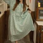 Long-sleeve Dotted Striped Frill Trim A-line Dress