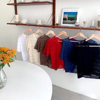 Drawstring See-through Pointelle-knit Top